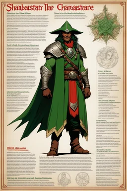 character concept sheet with AD&D statistics and characteristics, [high res photo by Ray Harryhausen for Mahābhārata module B3] a character of the Bravestarr Shaman class in green with a red cape and a pike