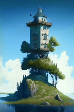 stone three-story tower with an observation room at the top, with a one-story room on one side, on a large grass-covered island, in a lake, surrounded by trees, with a blue sky