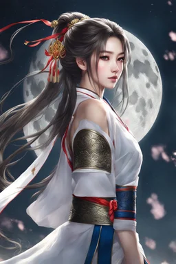 Photograph Best quality, masterpiece, ultra high resolution, pretty 1 girl's portrait close-up, flowing hair, real skin, jewelry, solo, Chinese clothing, armor,moon,blurry, realistic, Chinese Zen