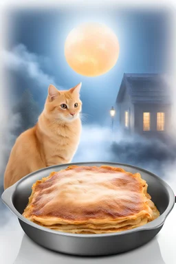 a big, fat, orange tabby cat and a giant pan of Lasagna - gradated Background, professional quality studio 8x10 UHD Digital photograph, multicolored spotlight, Photorealistic, realistic stock photo, Professional quality Photograph. colored Fog - Multicolored lighting,