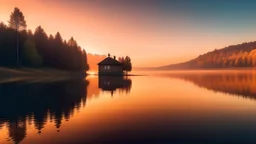 A serene sunrise scene by a tranquil lake with a small house on the shore. The sky is a beautiful gradient of warm colors reflected in the calm water, creating a peaceful atmosphere.