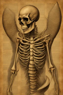 captivating anatomical illustration of a humanoid skeleton fused with a mermaid's tail, set against a vintage paper backdrop. The skeletal structure is intricately detailed, with exposed muscles and tendons, while the mermaid's tail is brilliantly colored in