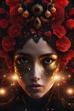 black and red and gold theme, close-up bioluminescent sparkling face of a woman surrounded by gold sparkles and black flowers, shining white face, expressive and mysterious, universe in eyes, eyes pointed upwards, in a mysterious dark landscape, detailed matte painting, fantastical, intricate detail, splash screen, colorful, fantasy concept art, 8k resolution, Unreal Engine 5, centered, high contrast sharp focus, black and red theme, glossed and polished