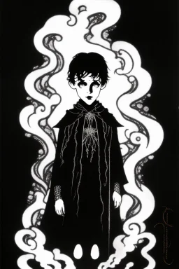 7 year old boy, necromancer, friendly, looks dead, surrounded by weird smoke with eyes, wearing black robes, in the style of Harry Clarke