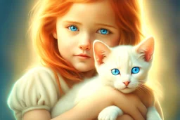 young red haired child with blue eyes lovingly cradles a regal blue eyed Siamese kitten in her arms, the two of them exuding an air of peace and grace. Modifiers: Award winning photography fantasy oil on canvas photorealistic very attractive dynamic lighting fantastic view ultra detailed cinematic postprocessing VRay neon Iridescent aesthetically perfect facial features Tesselated