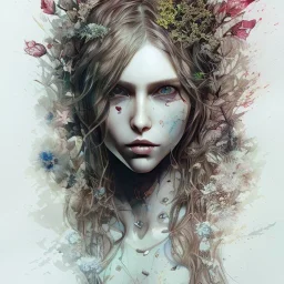 singer Danish MØ face,Style Yoji Shinkawa, watercolor illustration , Dryad, plants, wildflower,