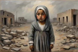 Grey sky, crying little palestinian girl wearing kuffeah , rocks, destroyed buildings , emotional influence, friedrich eckenfelder and willem maris impressionism paintings