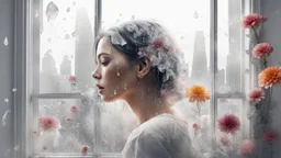 white background, Double exposure, woman, city, window, room, flowers, tears, detailed, fine rendering, high detail, high resolution, 8K,