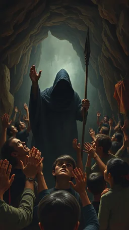 Bosch painting style nightmares, of people are crying and begging with hands up like praying in fear , all picture filled people in a cave with mysterious shadow holding a spear at the end of the cave and looks like hell , a big scary mysterious hooded black creature is standing in the middle , all afraid of him.