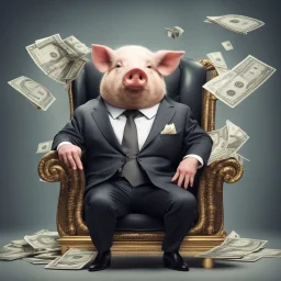 rich pig in suit on a throne making stacks of money by making a deal with a buisnessman