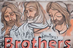 Jesus Christ is Writing the text using a spray can, Write this text everywhere: "KEBAB BROTHERS", "KEBAB BROTHERS", "KEBAB BROTHERS", "KEBAB BROTHERS", "KEBAB BROTHERS", "KEBAB BROTHERS", in Graffiti text, in the train station