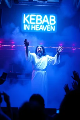 An "Kebab man" performing at dance club, his name is "Kebab man" and looks crazy, Jesus on stage, White and light blue Neon lights and smog, "KEBAB IN HEAVEN" SIGN ON WALL