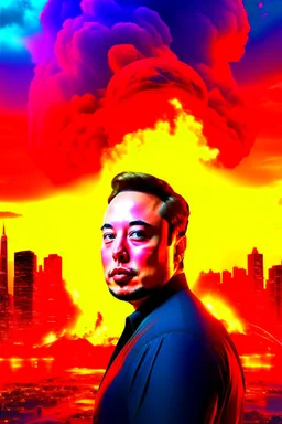 A volcano exploding over a New York City, inside the explosion flame Elon Musk transparent face , 8K