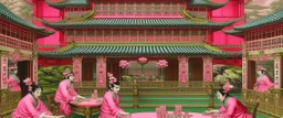 A pink magical casino with runes painted by Utagawa Hiroshige