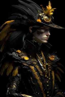 beautiful blackcrow rococo punk decadent portrait adorned with filigree gold patinated feathers dust textured vantablack leather filigree Crow bird h ornate hat headdress wearing rococo punk gold and yellow copper colour gradient goth black white steel chain lace ribbed leather jacket embossed rococo florals, white opal black onix stone pearls ornated jacket dress organic bio spinal ribbed detail of rococo punk style decadent background extremely detailed hyperrealistic gothica filigree portrrai