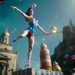 Ultra realistic circus scene. Classic acrobat woman, waist up view, Wes Anderson style, happy, bubbles, highly detailed, concept art, unreal engine 5, god rays, ray tracing, RTX, lumen lighting, ultra detail, volumetric lighting, 3d, finely drawn, high definition, high resolution.