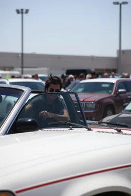 A very angry and bitter punk rocker tries to get in his car, while a other car is to close on a crowded parking lot