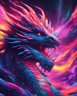 Close up shot of Dragon in a vibrant synthwave dreamscape, neon chaos swirling energetically around pixelated forms, a dynamic fusion of retro gaming nostalgia and futuristic abstraction