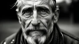 35mm film photography, Weathered, middle-aged Caucasian man with an elongated, skeletal physique and tawny, leathered skin. His oval-shaped face features sunken, piercing eyes, a mischievous nose, and a small lower lip with a ducktail beard. His hair is braided., high detail, black and white monochromatic palette, grey scale, dramatic dutch light