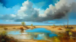 Oil painting, desert landscape in the rainy season, extensive mirror-like wet salt reflecting a bright turquoise sky, occasional wispy clouds creating optical effects, golden light filtering through the clouds, enhancing the surreal atmosphere, intense dark chestnut brown, burnt sienna and soft cream color, cold light tones, blue tones, flash light, creative, extremely detailed brush stroke