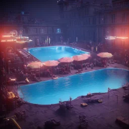 schwimmbad im oktoberfest,dampf, handtücher, menschliche gäste, römischer stil, epic, golden material, marmor, neonlights, night, 8k, extremly detailed,