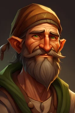 Generate character art for Thalion, a ruggedly handsome wood elf with a joyful, boisterous spirit. Emphasize his middle-aged charm with a hint of wisdom, capturing his robust build and a joyful twinkle in his eyes. Accentuate his wood elf features, portraying him with a rustic, earthy aesthetic. Incorporate elements of facial hair, portraying a well-groomed beard, and highlight his robust, hearty physique with a touch of elven grace.