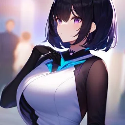 Clear focus,High resolution,High quality, Black short hair, Purple eyes, Wearing a techy outfit, Slight reveal on chest