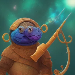 Digital art of a Big Wise turtle with sunglasses holding a wooden rod, background galaxy