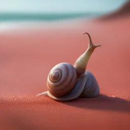 elongated gremlin female snail-woman witch on the red sand beach ,bokeh like f/0.8, tilt-shift lens 8k, high detail, smooth render, down-light, unreal engine