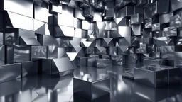 a stage made of recursive 3d fractal like of metallic miror surface cubes , pertty artistc background