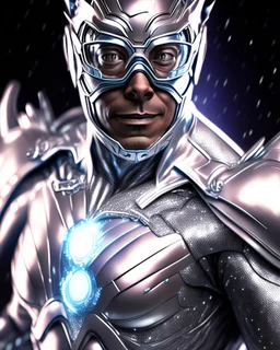 Gustavo Petro anthropomorphic digital art in a silver Superhero suit with hyper-detailed 8k