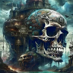 Psychedelic 8k surrealist and cubism artwork in the Luis Royo style, featuring a unreal dimension grafitti style with intricate details skull cubism black and dark colours. with Andreas Achenbach art style and collaboration details