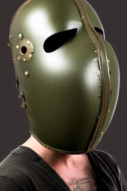 Steam-punk style random-mask. Large fencing mask covers chin and cheeks. Hood. Reflective surface on face, full coverage, reflective. Black ball eyes. Head full of integrated old-fashioned cameras and phone. Army green surfaces body, latex. Perfect body, thick thighs and calves. Asa Akira's body. Wide hip, skirt bleats nicely. Partly symmetrical. Straitjacket. Rusty and decayed background. Steam-plunge air-bottles. Euclidean 3D-tiling walls. surrealistic. Oppressive atmosphe