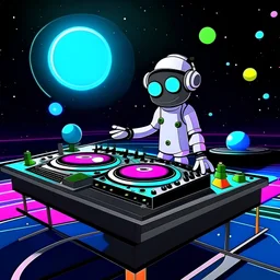 a cartoon with a dj table in space 4d make it more realistic