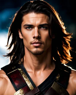 handsome male warrior age 25 with shoulder length hair and a goatee