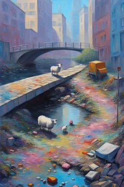 painting of a cyberpunk colourful natural walkway rubbish on the street in the city with pollution and a small bridge by a creek with electric sheep and androids by monet