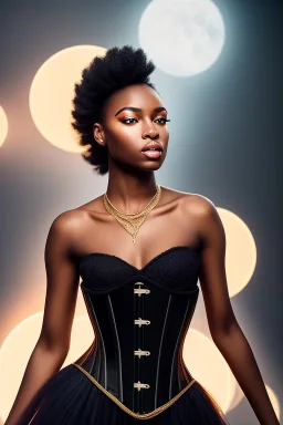 A portrait of a beautiful youthful black woman, wearing a black corset, long black hair, wizard, magical, ethereal, Warm bright lighting. Ultra quality 8k.