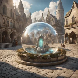 long shot perspective, a large surreal glass bubble in a medieval town square contains a complete alternate fantastical universe, alternate reality, hypersurrealism, by George Grie, by Grant Yun, hyperreal, intricate details, smooth, Unreal Engine 5, volumetric lighting, magical realism, aetherpunk.