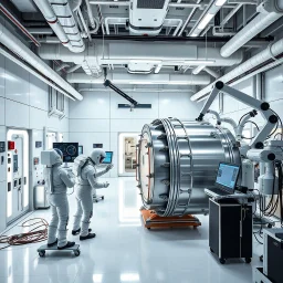 Fotografia alta definizione di un laboratorio ultramoderno, con pareti bianche sterili e luci intense, pieno di macchinari avanzati e bracci robotici. Tecnici in tute pressurizzate lavorano su grandi moduli metallici, destinati a viaggi spaziali, testando materiali e sistemi vitali. Monitor futuristici mostrano dati critici, mentre stampanti 3D producono parti personalizzate per missioni interstellari.