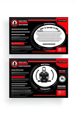 business card layout for a realistic gym instructor, red and black, vector art with gym machines, white background with email, address, phone number and Instagram icons