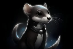 a sleek, magical weasel with fur that shifts between dark blacks and twilight grays. His eyes are large, sparkly, and filled with curiosity. Around his neck is a collar that softly hums and seems to be made of shadowy material. As Umbrus moves, you can picture small, arcane runes appearing and disappearing along his body, leaving a magical trace in the air. His paw pads are almost see-through, leaving delicate patterns behind as he explores the enchanted world.