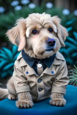 A creme colored australian cobberdog. He is dressed in his favorite clothes, he has dressed himself