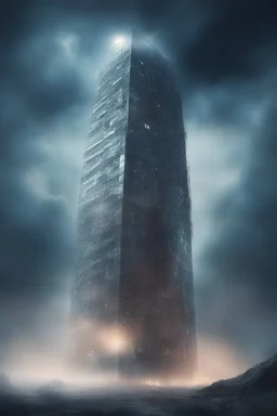 The future modern building in another dimension surrounded with stars and clouds and fogs, Busch painting nightmare style , 3D , scary, magical, mysterious