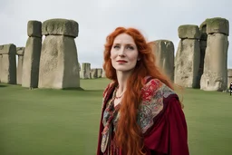 A tall slim red-headed woman, dressed like a gipsy, standing in front of Stonehenge