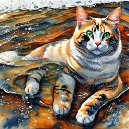 Golden ratio, ultra detailed watercolor painting, wet on wet painting, soft edges beautiful (((Masterpiece))) Create an image of a calico cat partially submerged in water, with its face and upper neck visible just above the surface. The cat has distinct patches of orange, black, and white fur, giving it a vibrant and colorful appearance. Its eyes are large and expressive, with a bright green hue that reflects the light filtering through the water. The background is a rich und