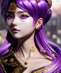 Detailed cute anime girl, purple hair buns, purple bangs, black latex bodysuit, intricate details, full body portrait, keep head in frame, slight smile, black Japanese motif, concept art, highly detailed, digital painting, concept art, sharp focus, illustration, art by Yoji Shinkawa, WLOP and greg rutkowski and alphonse mucha and artgerm and yanjun Chen and Junji ito and Makoto Shinkai, HDR, octane render