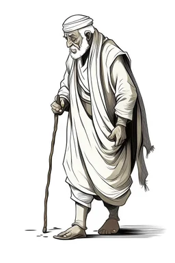 "Draw an old person wearing traditional Arab clothes, hunched back, and walking with a cane."