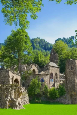 medieval gothic house built into a rock, lake, trees, arches, balconies, bridges, verandas, foliage, sunny blue sky