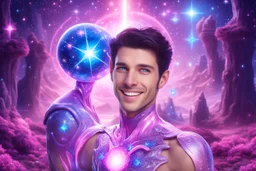 cosmic bionic beautiful men, smiling, with light blue eyes and straight blu dark hair in a magic extraterrestrial landscape with pink fairy forest stars and bright beam