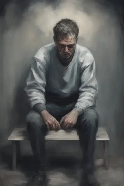 A man they but a fabric on his eye so he can not see and looks miserable with bruises on his face like he has been beating sitting on a broken chair in a prison with dem light and dark prison environments , Busch painting style , sureal